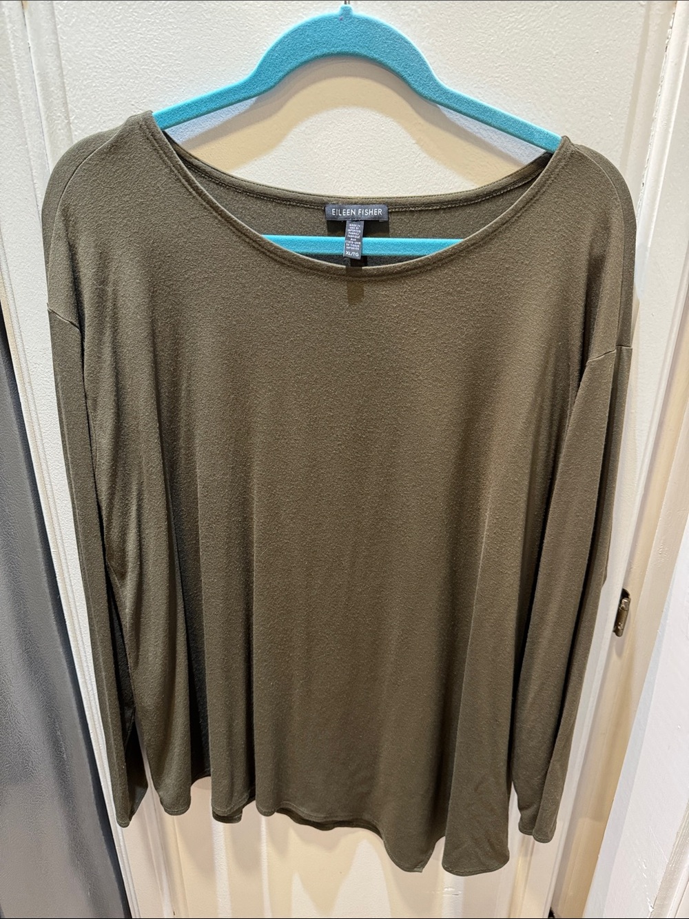 Eileen Fisher Olive Green Long-Sleeve Scoop Neck Top